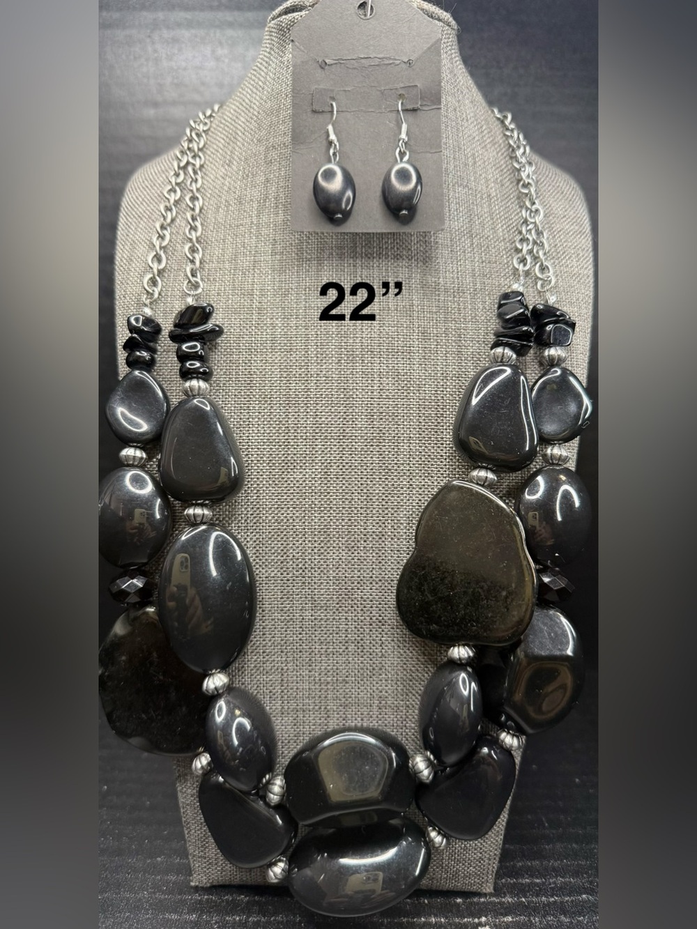 Hematite Beaded Statement Necklace and Earring Set - Black